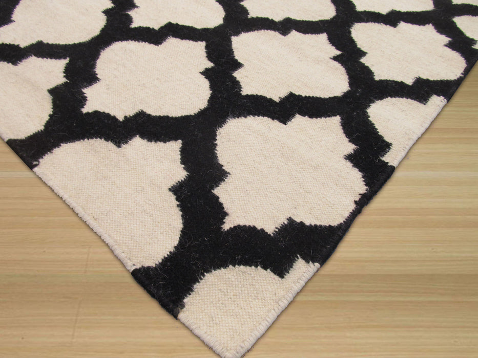 EORC Handmade Wool Black Transitional Trellis Reversible Modern Moroccan Kilim Rug