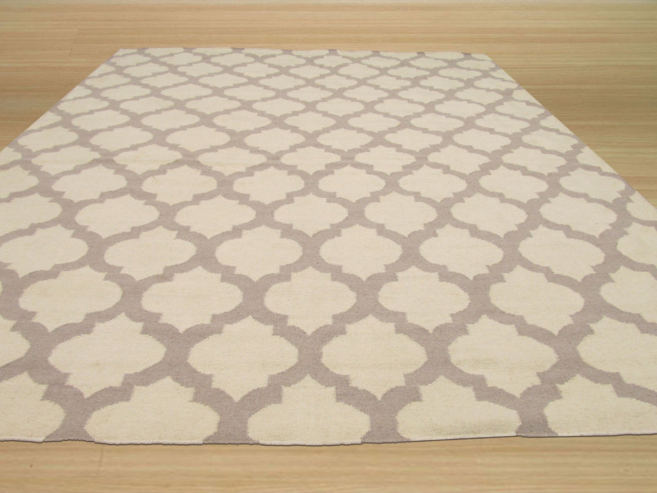 EORC Handmade Wool Ivory Transitional Trellis Reversible Modern Moroccan Kilim Rug