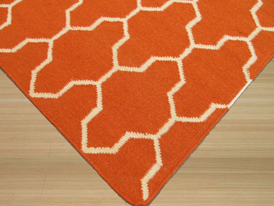 EORC Handmade Wool Orange Transitional Trellis Reversible Modern Moroccan Kilim Rug