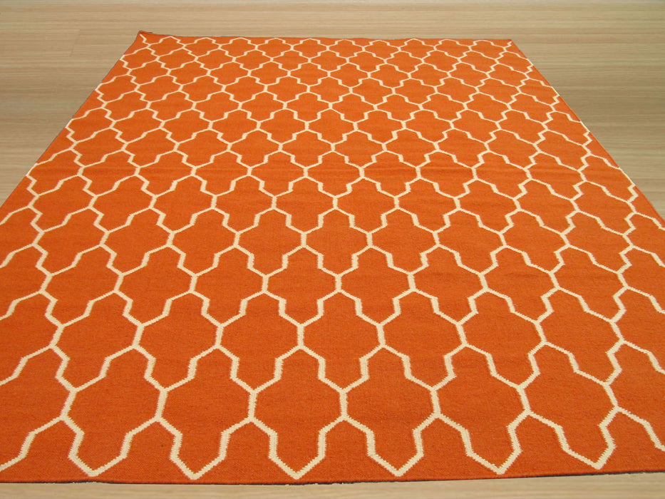 EORC Handmade Wool Orange Transitional Trellis Reversible Modern Moroccan Kilim Rug