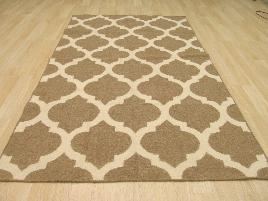 EORC Handmade Wool Brown Contemporary Trellis Flatweave Revesible Moroccan Rug