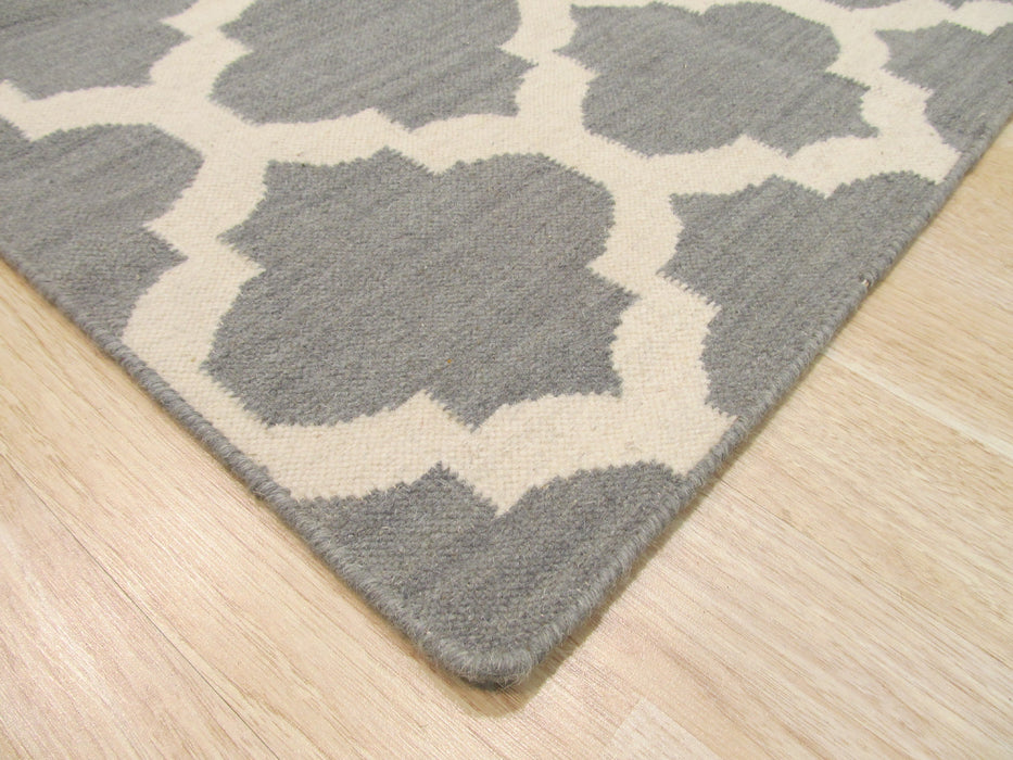 EORC Handmade Wool Gray Contemporary Trellis Flatweave Revesible Moroccan Rug