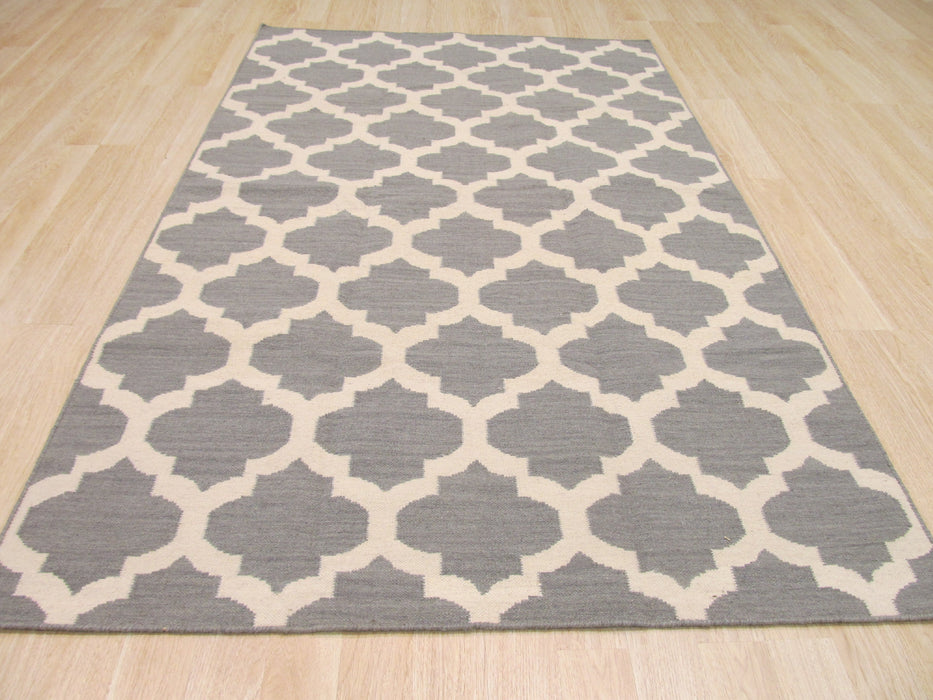 EORC Handmade Wool Gray Contemporary Trellis Flatweave Revesible Moroccan Rug