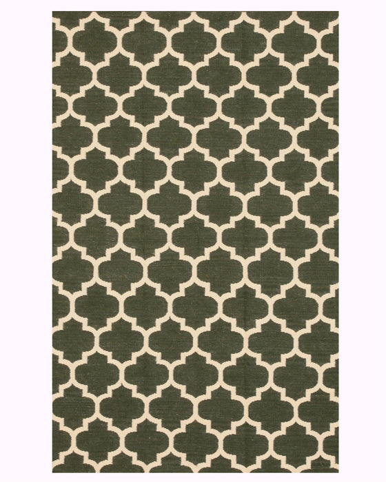 EORC Handmade Wool Green Contemporary Trellis Flatweave Revesible Moroccan Rug