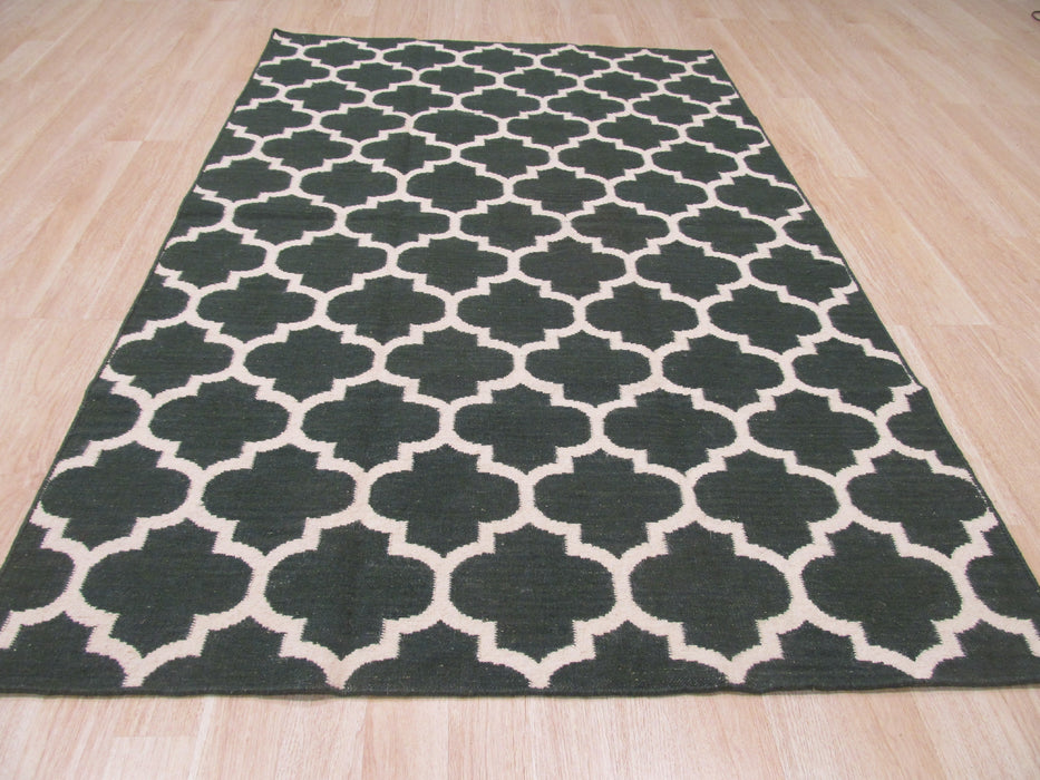 EORC Handmade Wool Green Contemporary Trellis Flatweave Revesible Moroccan Rug