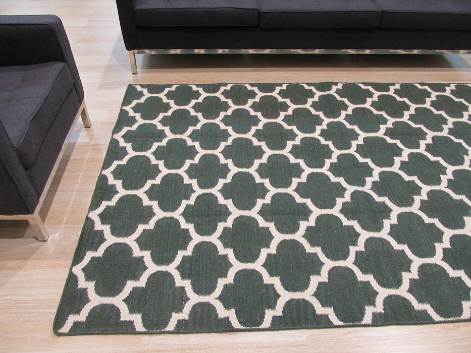 EORC Handmade Wool Green Contemporary Trellis Flatweave Revesible Moroccan Rug