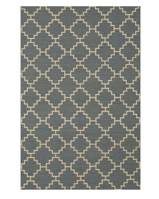 EORC Handmade Wool Blue Contemporary Trellis Flatweave Revesible Moroccan Rug