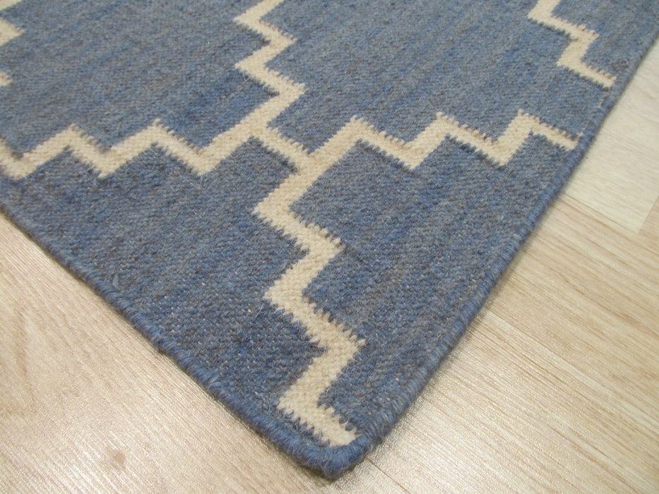EORC Handmade Wool Blue Contemporary Trellis Flatweave Revesible Moroccan Rug