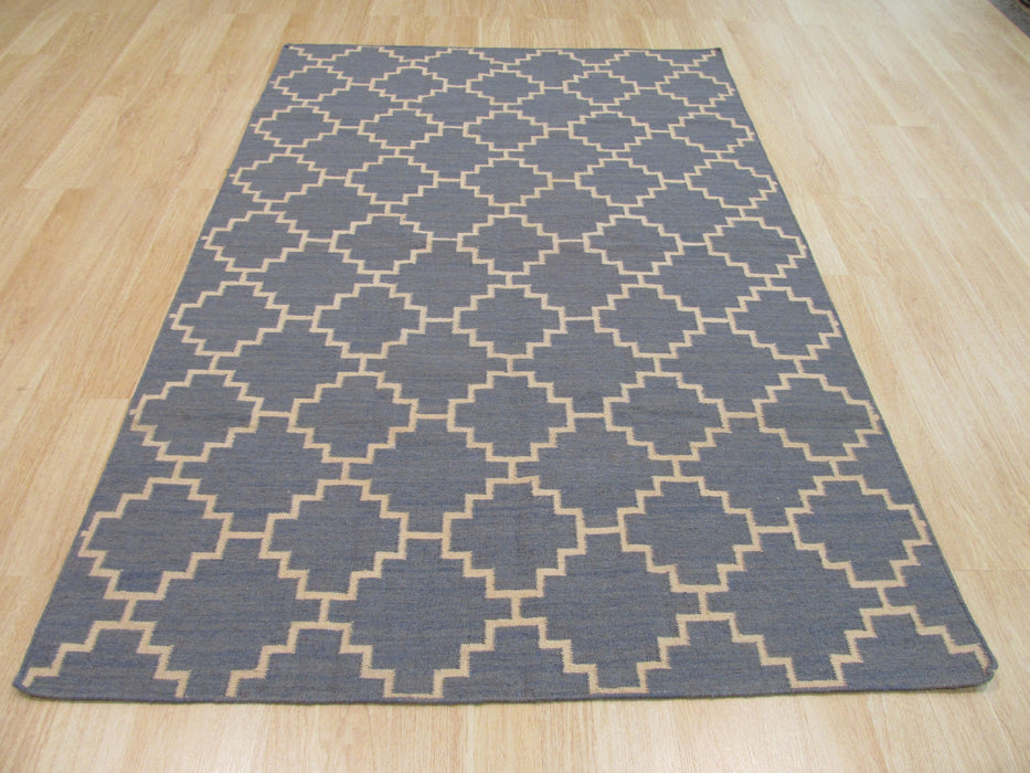 EORC Handmade Wool Blue Contemporary Trellis Flatweave Revesible Moroccan Rug