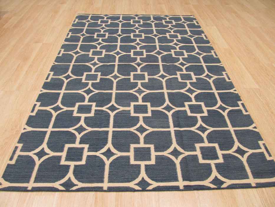 EORC Handmade Wool Blue Contemporary Trellis Flatweave Revesible Dalton Rug