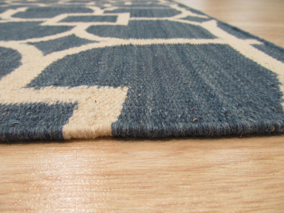 EORC Handmade Wool Blue Contemporary Trellis Flatweave Revesible Dalton Rug