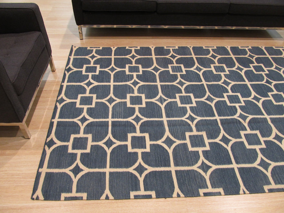 EORC Handmade Wool Blue Contemporary Trellis Flatweave Revesible Dalton Rug
