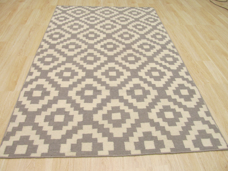 EORC Handmade Wool Gray Contemporary Trellis Flatweave Revesible Moroccan Rug