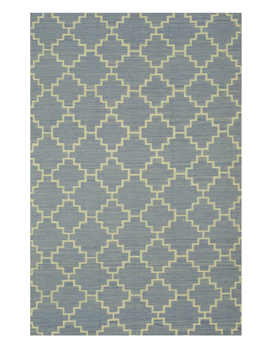 EORC Handmade Wool Blue Contemporary Trellis Flatweave Revesible Moroccan Rug