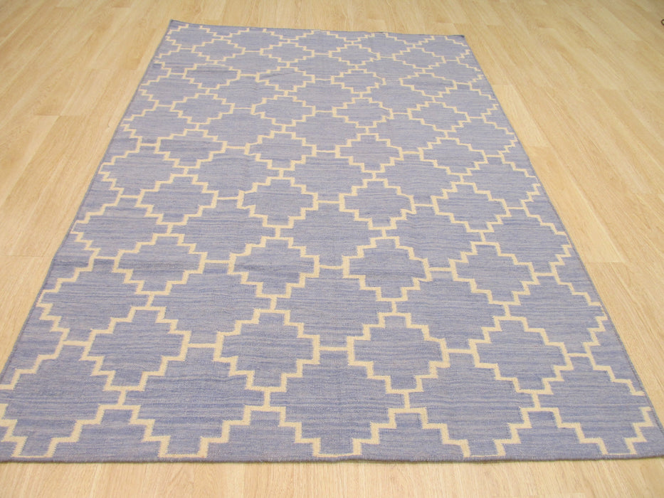 EORC Handmade Wool Blue Contemporary Trellis Flatweave Revesible Moroccan Rug