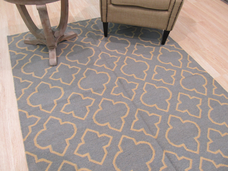 EORC Handmade Wool Blue Transitional Geometric Reversible Modern Moroccan Kilim Rug