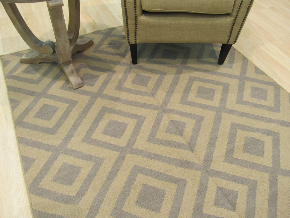 EORC Handmade Wool Beige Transitional Geometric Reversible Modern Moroccan Kilim Rug