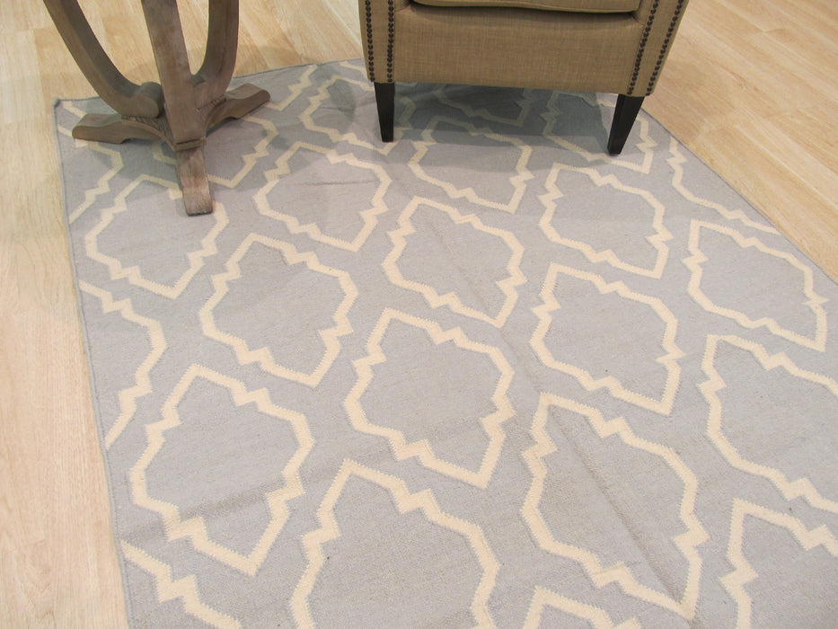 EORC Handmade Wool Blue Transitional Geometric Reversible Modern Moroccan Kilim Rug