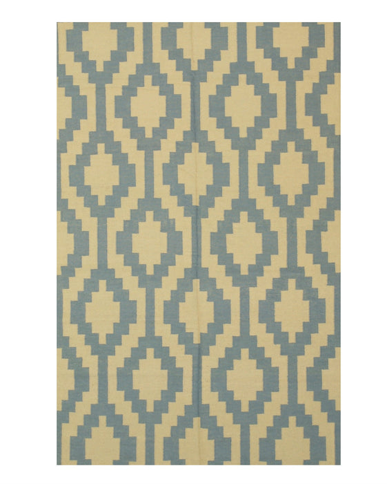 EORC Handmade Wool Blue Transitional Geometric Reversible Modern Moroccan Kilim Rug