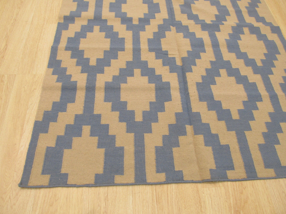 EORC Handmade Wool Blue Transitional Geometric Reversible Modern Moroccan Kilim Rug
