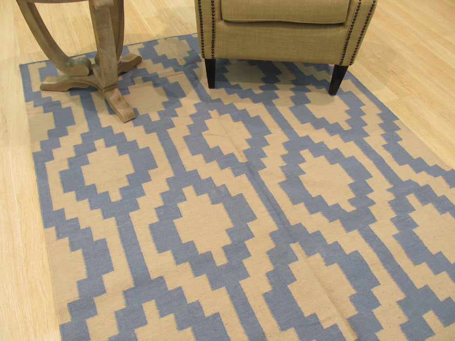 EORC Handmade Wool Blue Transitional Geometric Reversible Modern Moroccan Kilim Rug