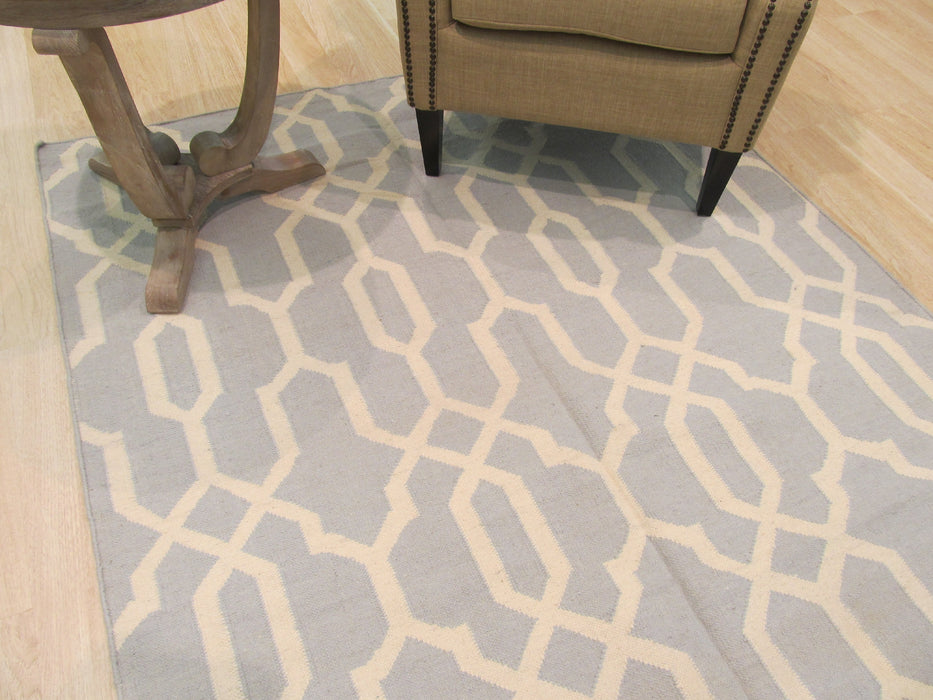 EORC Handmade Wool Blue Transitional Geometric Reversible Modern Moroccan Kilim Rug