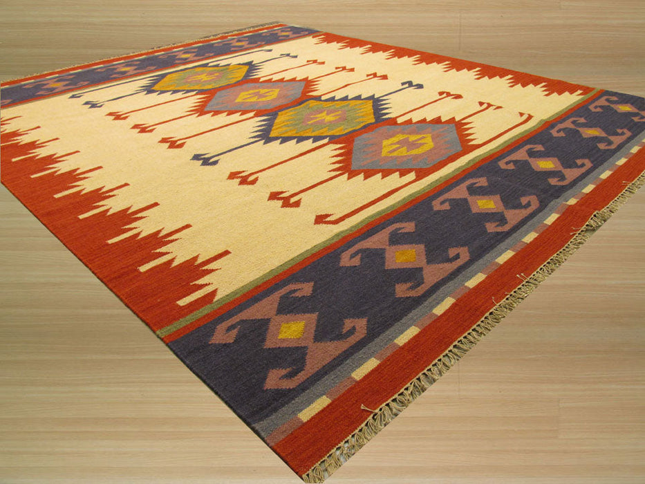 EORC Handmade Wool Ivory Traditional Geometric Keysari Kilim Rug