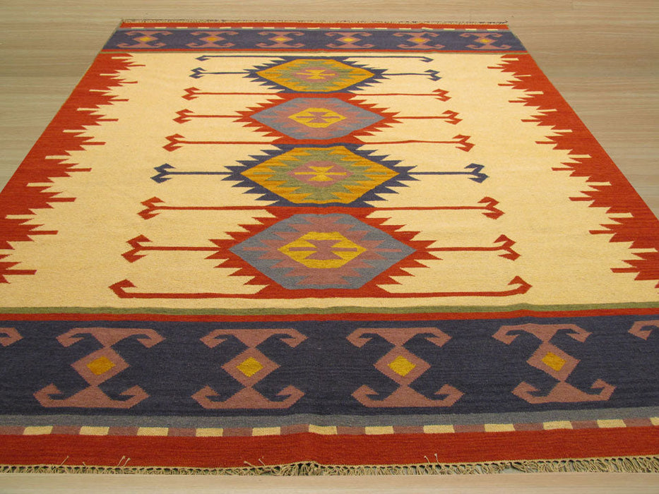 EORC Handmade Wool Ivory Traditional Geometric Keysari Kilim Rug