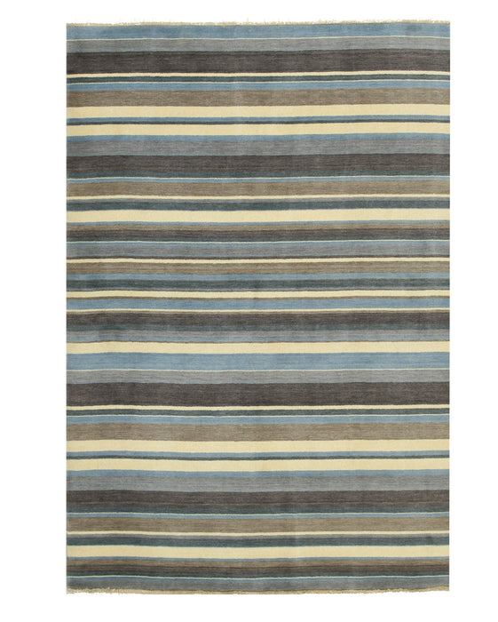 EORC Blue/Brown Handmade Wool Striped Rug