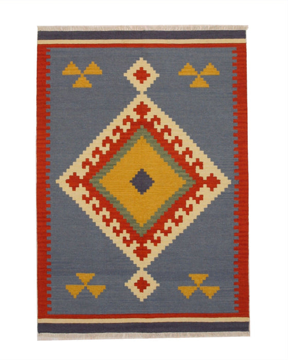 EORC Handmade Wool Blue Traditional Geometric Keysari Kilim Rug