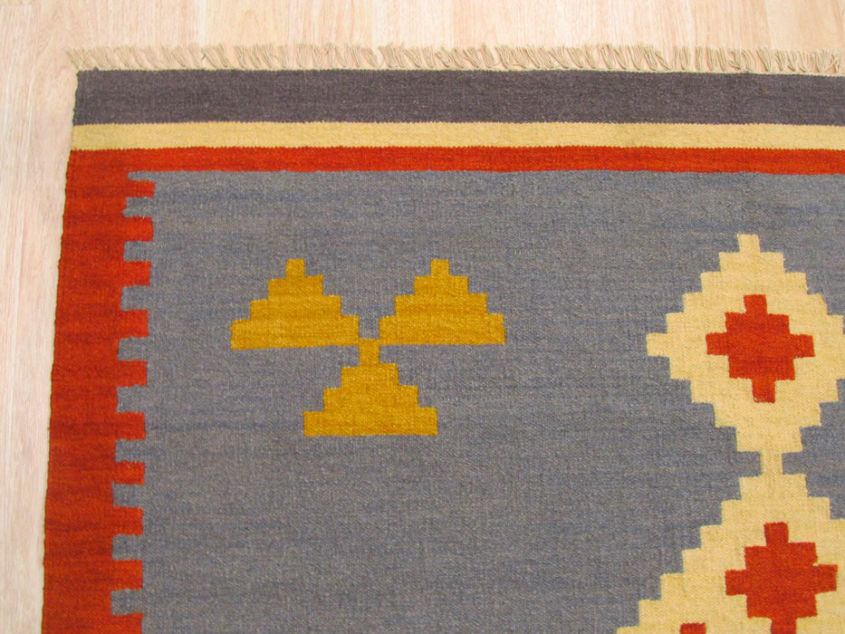 EORC Handmade Wool Blue Traditional Geometric Keysari Kilim Rug