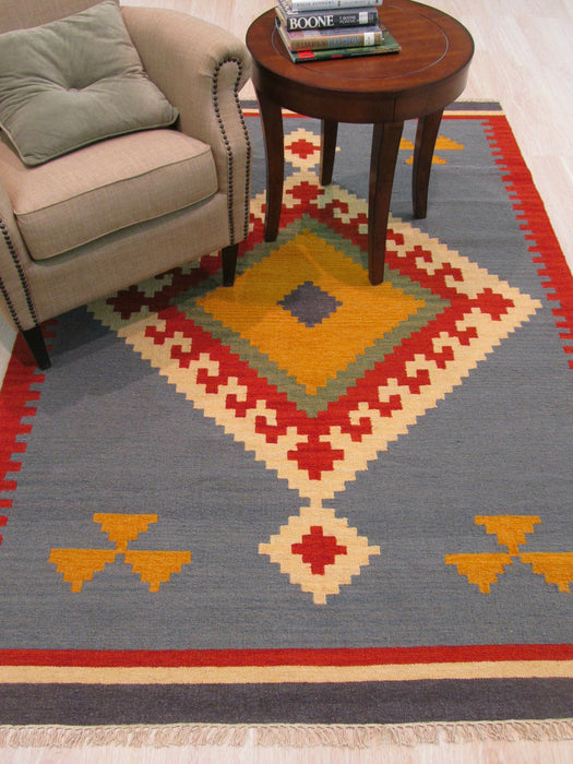 EORC Handmade Wool Blue Traditional Geometric Keysari Kilim Rug