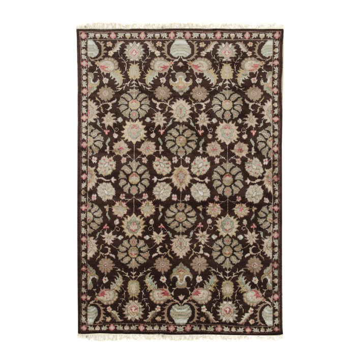 EORC Brown Hand Knotted Wool/Silk Floral Sik Knotted Rug