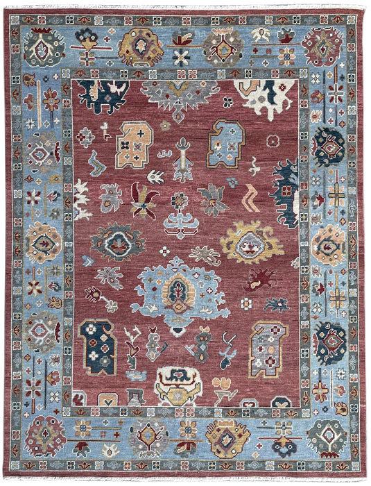 EORC Rust/Sky Blue Hand Knotted Wool Colorful Mahal Classic Rug